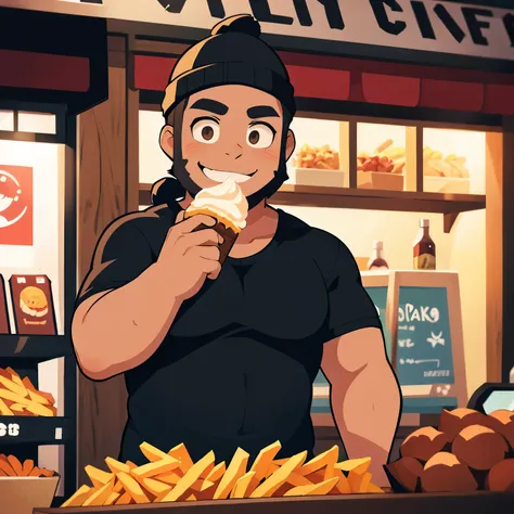 A tall, chubby, and strong man with short black hair, a black beard, and wearing a black beanie and a black t-shirt. He is a kiosk vendor, holding an ice cream in one hand and a package of fries in the other, smiling at the camera and showcasing the produc...