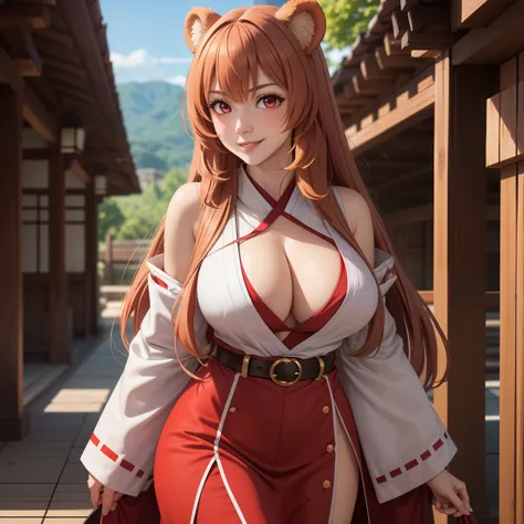 Raphtalia woman 35 years old straight orange hair , bear ears redondeadas, red eyes like ruby., flirtatious smile, pale skin, big breasts, japanese priestess clothing, White and red, pink belt, , bear ears, , background montñas nevadas.