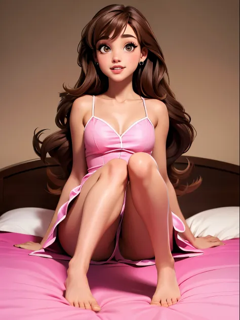 Ariana Grande, long brown hair, wearing pink mini dress, on a bed, barefoot