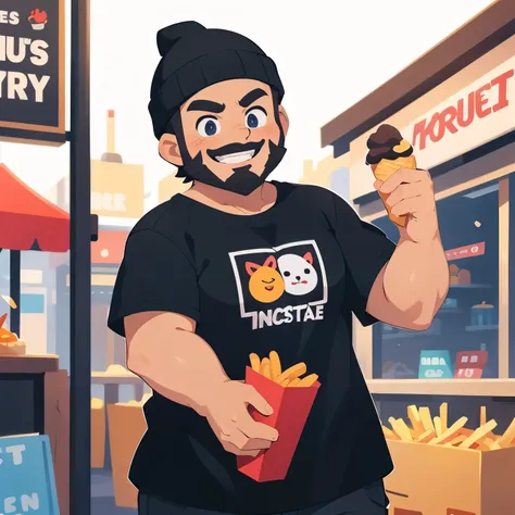 (cartoon style:1.2), drawing of ([Jessica Chastain|Kelly Ripa|Mila Kunis]) A tall fat man with short black hair, a black beard, and wearing a black beanie and a black t-shirt. He is a kiosk vendor, holding an ice cream in one hand and a package of fries in...