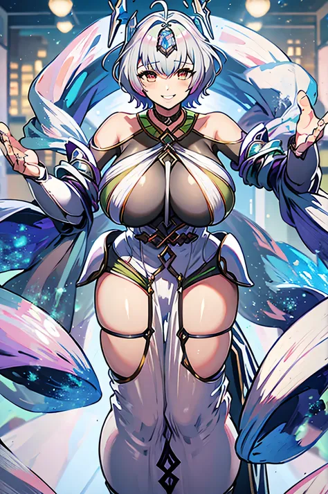 Masterpiece, Best Quality, night background, illuminated room, robust woman, short hair, silver hair, huge bust, black suit, big thighs, Wide hips, SMILE, hands on head, tight thighs