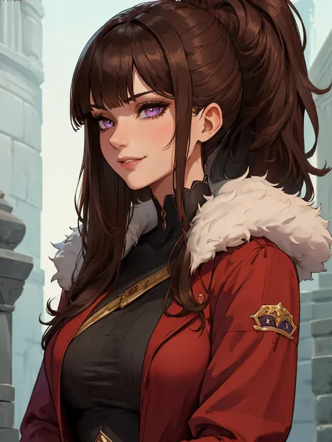 ((masterpiece)), ((best quality)), 1girl, adult, long hair, big bust, ((brown hair)), ((intimidant look)), ((close-up)), profile image, black and red clothes, sexy, dark colors, ((coat with fur)), ((wavy hair)), exposed skin, ((sexy pose)), good anatomy, (...