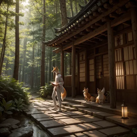 Kitsune fox drawing for book , in his temple in the forest , Full hd 