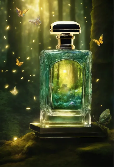 a perfume bottle emitting a magical light, an ancient stone altar, In a dense mystical forest with tall trees and shining foliage, surrounded by dancing fireflies, decorated with a perfume bottle, . Their radiance attracts mythical creatures such as unicor...