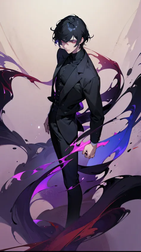 Elegant handsome man with purple pupils, wearing a black shirt, black trousers, short black hair, (top quality, 8k, high, masterpiece), highly detailed facial features, intricate details, natural lighting, warm color, soft focus, digital painting, fantasy ...