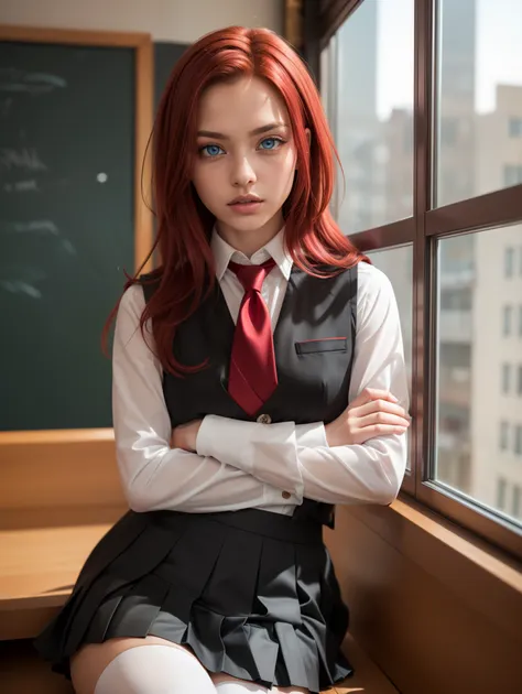 kallen stadtfeld, blue eyes, ((red hair:1.5)), short hair,
break ((school uniform, red necktie, white shirt, pleated skirt, blac...