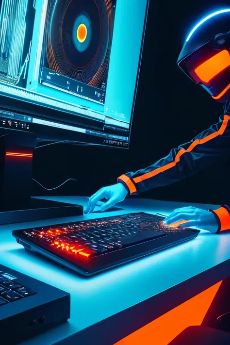 Book Cover: "Mastering Video Editing in a Digital Realm"

In the foreground, a sleek, futuristic laptop screen dominates the scene, its bright orange and blue pixels pulsating with energy. A skilled hand, depicted in a high level of detail, hovers above th...