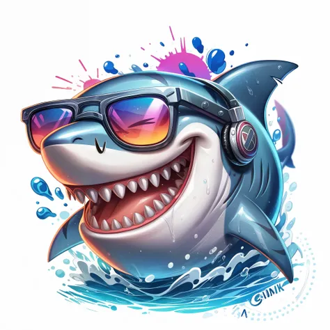 cartoon shark with sunglasses and headphones in the water, anthropomorphic shark, shark and guitar, Crisp, high-quality illustrations, shark, shark head, artistic illustration, shark anthony, official artwork, seapunk, 3D icon for mobile games., background...