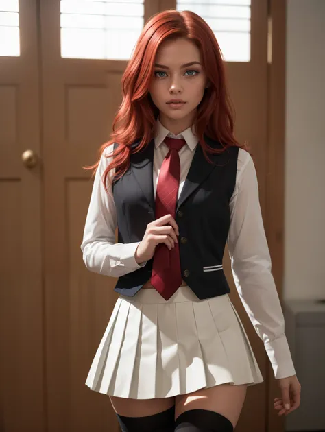 kallen stadtfeld, blue eyes, ((red hair:1.5)), short hair,
(school uniform, red necktie, white shirt, pleated skirt, black skirt...