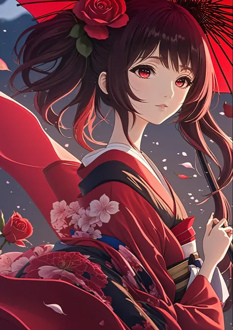 Anime girl with red umbrella and red rose umbrella, Enchanting anime girl, Japanese Goddess, Anime Style 4k, Half Yamada, In kimono, Best anime 4k konachan wallpaper, Beautiful and attractive anime woman, Anime Art Wallpapers 8K, In kimono, anime art wallp...