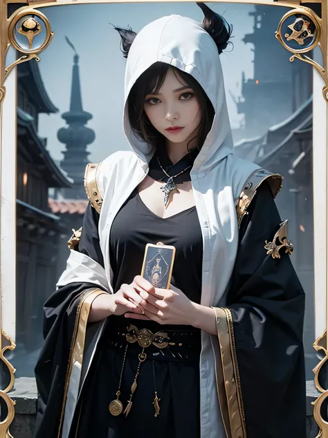 onmyoji，Metal Photo Frame，card，tarot cards：1.37.A mysterious fortune teller wearing a white hood，Finger taps an array of tarot cards in the air，Symbols and mystical elements，Ancient and mysterious atmosphere，Realistic illustration details，Vibrant and energ...