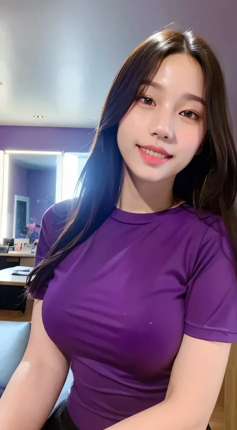 (realistically、high resolution:1.3)、1 girl with the perfect figure、Slim face and eyes、long hair, purple t-shirt、In a stylish room、big breasts 、The rift revealed, 4K, HD, best quality, smile brightly