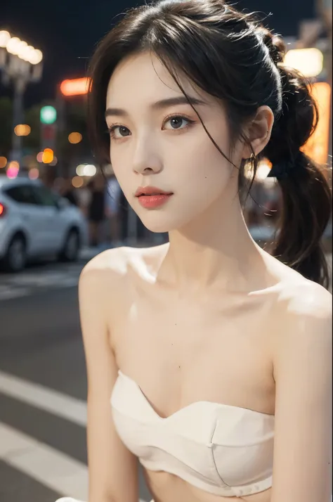 (((best quality))),(((ultra detailed))),(((masterpiece))),illustration,((1 beautiful girl,solo)),((slim,thin)),((small breasts,flat chest)),(short ponytail:1.2), summer night, city streets, (strapless white bra:1.3),gentle breeze, see-through shirt,rolled-...