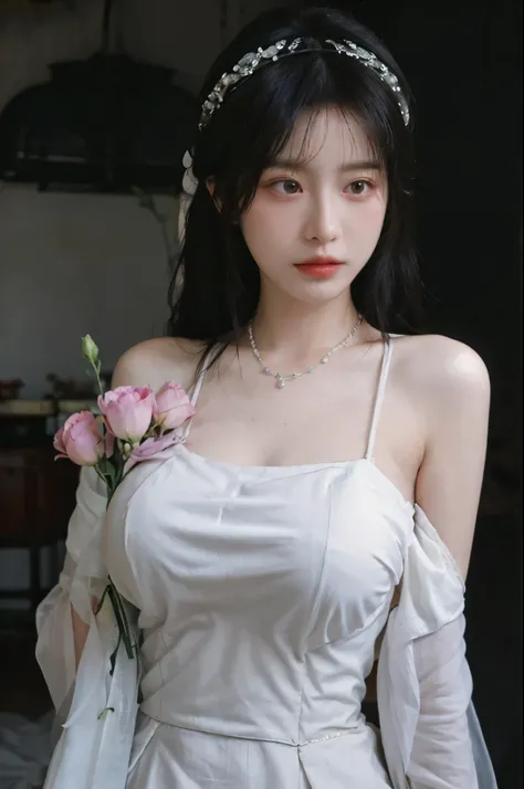 Portrait photography，1 girl，White背景，Flowers，White婚纱，White，Beautiful wedding dress，Bare shoulders，Lipstick，(Big Breasts:1.6)，Shoulder-Length Wavy Hair，Wear a necklace，Headband，serene，calm，(Realistic and detailed eyes，Natural skin texture，Realistic facial de...