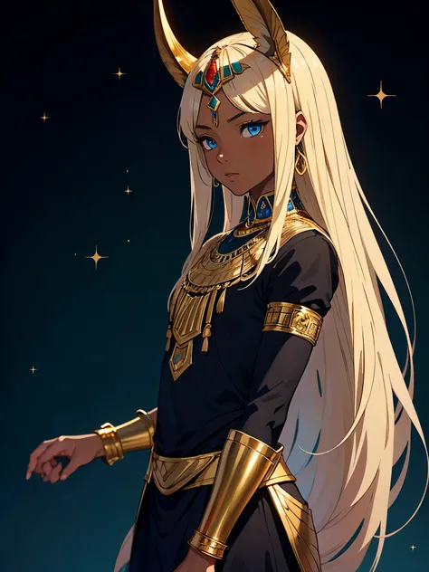 Mehr anime. Teenage boy. Egyptiane Gottheit Anubis. Egyptiane Kleidung. long blond hair. Lots of gold jewelry. dark skin. Egyptian. dazzling blue eyes. mystical. divine.