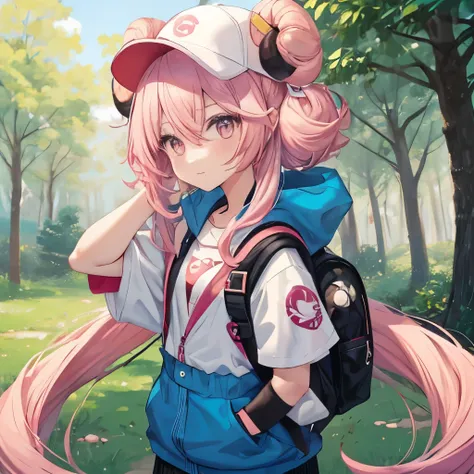 An anime-style illustration of ‘Fua-chan’ cosplaying as a Pokémon Trainer. Fua-chan has distinctive features: long pink hair styled in soft curls resembling sheep’s horns, and pink eyes. She is depicted wearing a classic Pokémon Trainer outfit, which inclu...