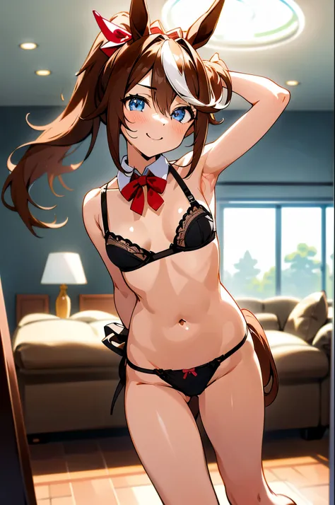 Cut it out (umamusume), ((Highly detailed eyes)), (((bikini))), masterpiece, Highest quality, (abnormal body, Small breasts, Horse tail,smile, (indoor, office, living room), whole body, frontage, Long ponytail, (panties), (bra), (In underwear), (Flashy und...