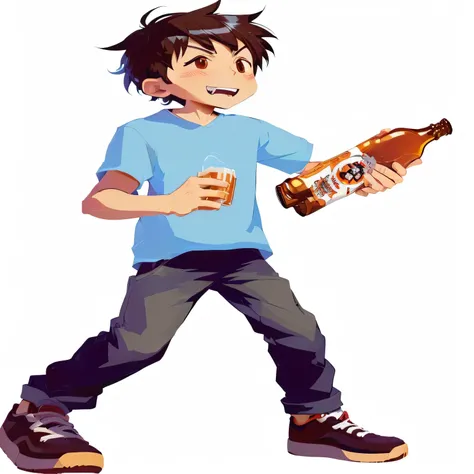 cartoon boy Holding a bottle of beer and a spoon, full body portrait with bottle in hands, holding beer!!, holding beer, inspired by Unichi Hiratsuka, holding beer, official art, cider - man, cider-man, Holding a bottle of beer, drink beer, Anime boy drink...