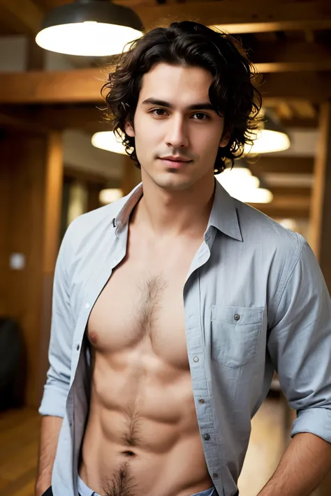 Create the real image of a dark-haired man with wavy hair with an unbuttoned shirt and his marked abdomen visible.