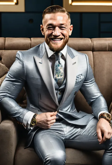 smiling conor mcgregor in shades and tight shiny gray suit. manspread in the sofa.