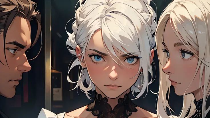 ((best quality)), ((work of art)), ((detailed)), young man with white hair, between two women, ((man with a nervous expression)), both women staring at him intently