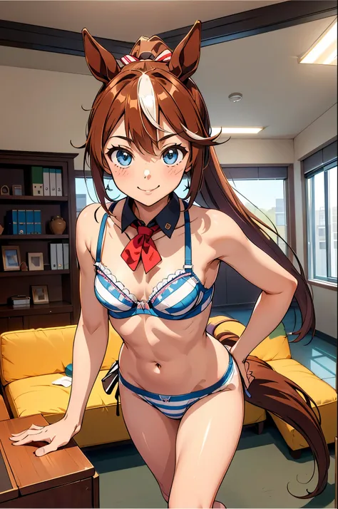 Tokai Teio (umamusume), ((Highly detailed eyes)), masterpiece, Highest quality, (abnormal body, Small breasts, Horse tail,smile, (indoor, office, living room), whole body, frontage, Long ponytail, (Striped panties), (Striped bra), (In underwear), (Flashy u...