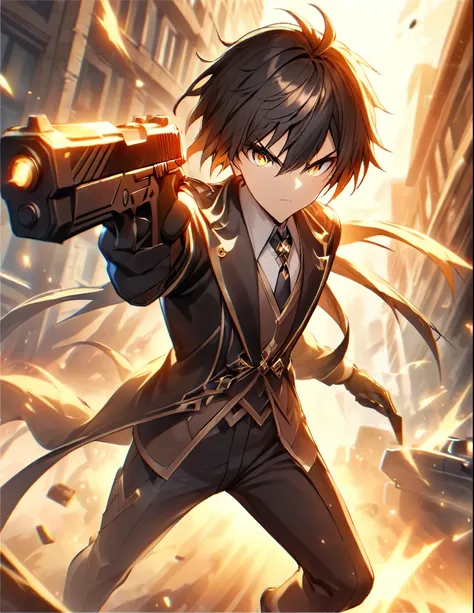 (better lighting, High contrast, sharp details), (a person:1.2+male) gangster, black suit and tie, White shirt, Black pants, polished black shoes, standing, dynamic action pose, holding two guns, Beretta 92, flash, Bullet shells, gun smoke, bullet holes, p...