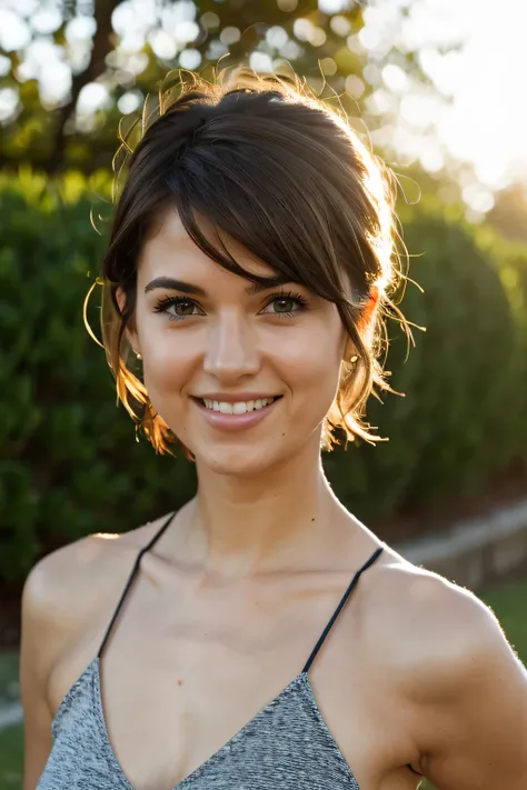 Beautiful woman brown hair brown eyes short hair smiling sunlight hitting her face slender body focus on face 