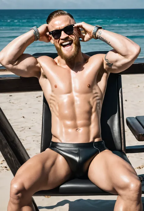 smiling muscle conor mcgregor in shades, in tight black leather speedos, manspread in the bench on hhe beach. hands over head