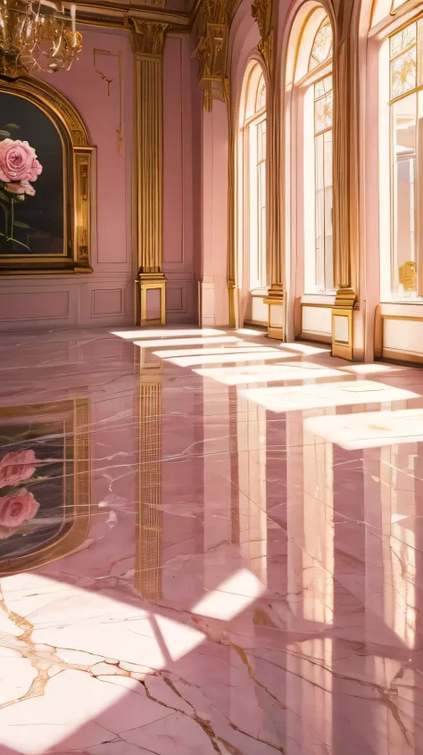 Pink whispers of a sparkling tale of soft, refreshing renewal filled with golden roses caressed by the soft surrounding sunlight, the floor is reflective pink marble.