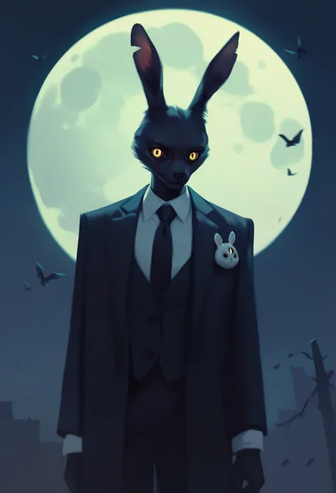 black furry bunny standing under the moonlight wearing a suit and has glowing yellow eyes , dark background, high detail, no light, woods landscape in the middle of the night, mistic, full moon, moonlight, (flat shading:1.2), (minimalist:1.4)
creepy bunny,...