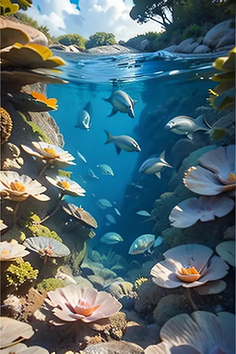 Create a watercolor painting of an ocean scene. Below the water, depict colorful fish, sea turtles, and dolphins swimming around vibrant coral reefs. Above the surface, show seagulls and pelicans floating or flying in a bright blue sky with soft clouds. Ca...