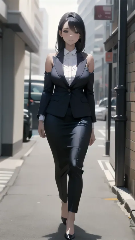 1 girl, looking directly at viewer, business attire, highly detailed , tan skin, top showing skin, elegant business attire, highly detailed, tan skin, bare shoulders, natural lighting, full body view walking towards viewer