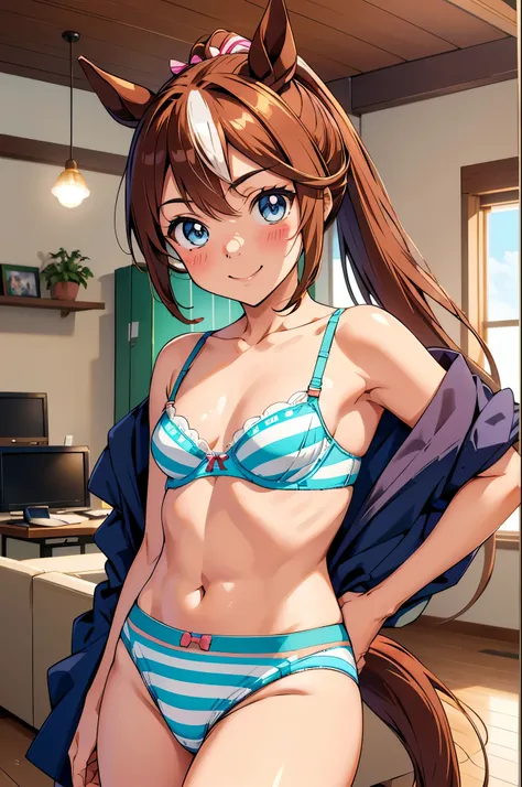 Tokai Teio (umamusume), ((Highly detailed eyes)), masterpiece, Highest quality, (abnormal body, Small breasts, (Horse tail) ,smile, blush, (indoor, office, living room), whole body, frontage, Long ponytail, (Striped panties), (Striped bra), (In underwear),...