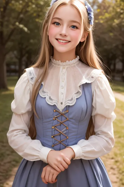 village realisticlying、Virginia Otis 15-year-old blonde hair blue eyes、City of victorian age, Europe. aristocrat girl、Looking up from below、 wear long sleeve sheer fabric dress、Various dynamic poses、Face smile、cute face, Depicts the whole body、dinamyc pos...