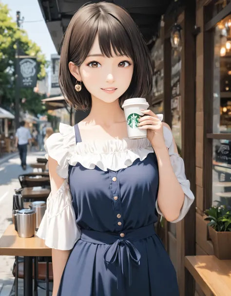 (best quality:1.2), 1girl, coffee shop, summer, blouse, cowboy shot, shoot from front