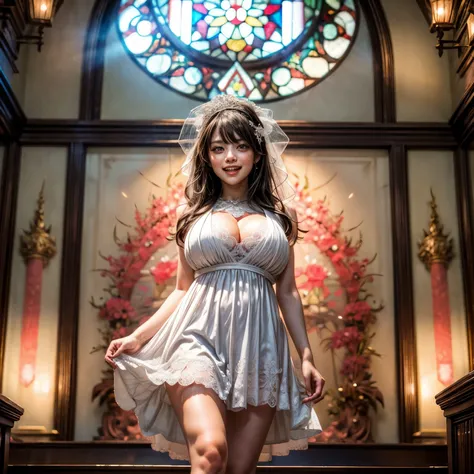 (Ceiling from Below:1.28), White and Blood Red, (Masterpiece 8K TopQuality:1.2) (ProfessionalPhoto:1.37) ExtremelyDetailed (((FullBody, KAWAII girl with HUGE boobs:1.37)) in (WHITE Lace Wedding MiniDress:1.28)) detailed (Delicate Lace textures), (Detailed(...