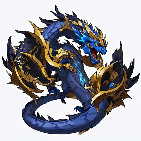 there is a blue and gold dragon with a big mouth, legendary dragon, jormungandr, blue dragon, blue scaled dragon, d&d commision art dragon, full body dragon concept, keqing from genshin impact, but as an anthropomorphic dragon, colossal dragon as backgroun...