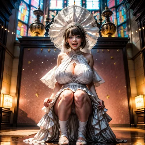 (CeilingShot from Below:1.28), White and Blood Red, (Masterpiece 8K TopQuality:1.2) (ProfessionalPhoto:1.37) ExtremelyDetailed (((FullBody, KAWAII girl with HUGE boobs:1.37)) in (WHITE Lace Wedding MiniDress:1.28)) detailed (Delicate Lace textures), (Detai...