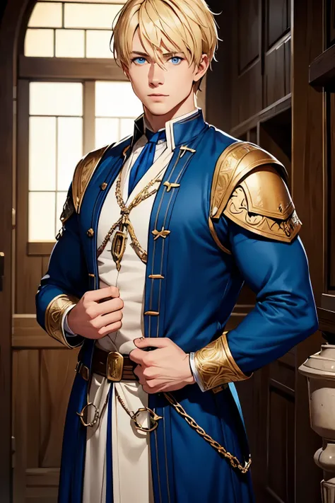 blonde man with blue eyes,muscular and well dressed in medieval clothes,apparently rich 