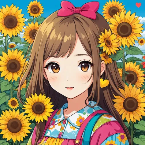 Takashi Murakami style, Simple Line Initialism，Abstract art，Kawaii Design, The most beautiful girl of all time, The background is sunflowers, colorful hearts, colorful flowers,