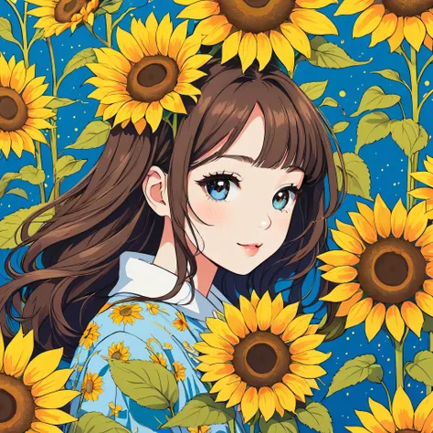 Takashi Murakami style, Simple Line Initialism，Abstract art，Kawaii Design, The most beautiful girl of all time, The background is sunflowers, colorful hearts, colorful flowers,