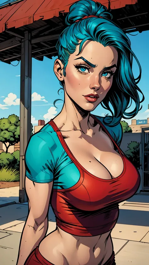 beautiful,eyes green,blue hair, red top and jogger, female,1girl, busty. Voluptuos. Comic style. Marvel comics.