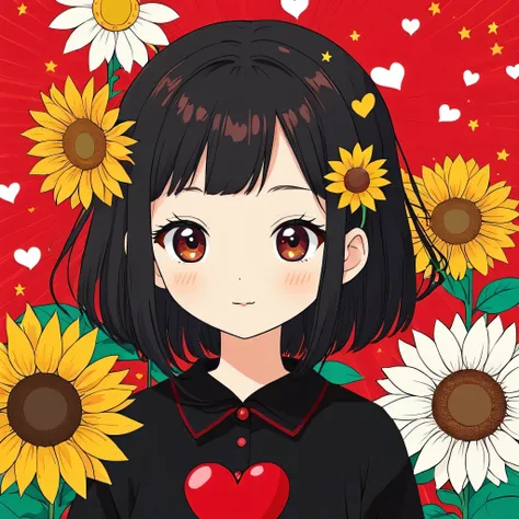 Takashi Murakami style, Black Star Red and White style, Simple Line Initialism，Abstract art，Kawaii Design, The most beautiful girl of all time, The background is sunflowers, colorful hearts, colorful flowers,