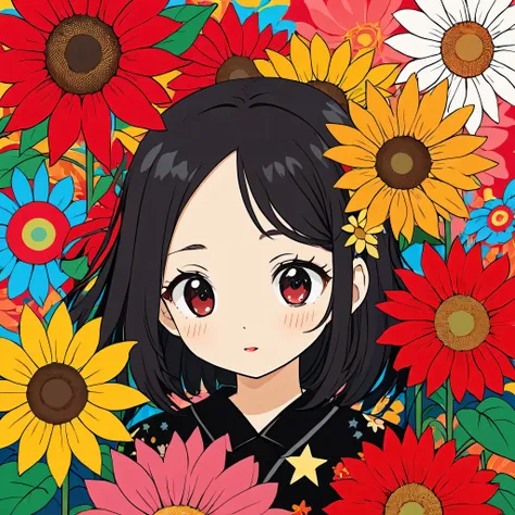 Takashi Murakami style, Black Star Red and White style, Simple Line Initialism，Abstract art，Kawaii Design, The most beautiful girl of all time, The background is sunflowers, colorful hearts, colorful flowers,