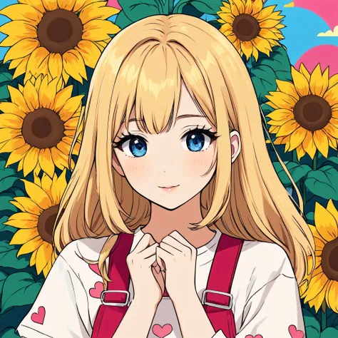 Mika Pikazo style, Simple Line Initialism，Abstract art，Kawaii Design, The most beautiful girl of all time, The background is sunflowers, colorful hearts, colorful flowers,