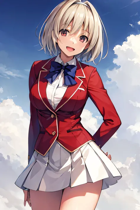 masterpiece, Highest quality, High resolution, Akio, short hair, Hair Intake, White hair band, Blue bow tie, Collared shirt, blazer, Red jacket, Long sleeve, White Skirt, Pleated skirt, Black socks, Cowboy Shot, Are standing, Outdoor, straight, Place your ...