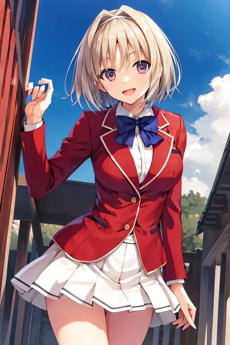 masterpiece, Highest quality, High resolution, Akio, short hair, Hair Intake, White hair band, Blue bow tie, Collared shirt, blazer, Red jacket, Long sleeve, White Skirt, Pleated skirt, Black socks, Cowboy Shot, Are standing, Outdoor, straight, Place your ...