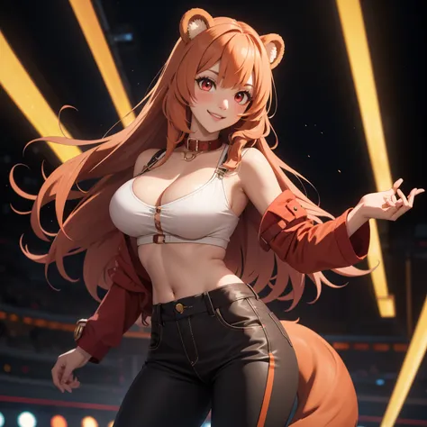 Raphtalia woman 23 years old straight orange hair , round bear ears, red eyes like ruby., flirtatious smile, pale skin, big breasts, tops negro escotado, collar, chaqueta de mezclilla corta, pantalones ajustados, gran trasero, esta bailando en una disco, ,...