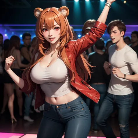 Raphtalia woman 23 years old straight orange hair , round bear ears, red eyes like ruby., flirtatious smile, pale skin, big breasts,  Low-cut white top, red leather jacket, tight jeans  , he is dancing in a nightclub, at night, disco background.